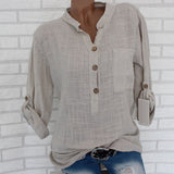 Womens Cotton Linen Stand Collar Shirt Tops Plus Size 5XL White Solid Pocket Womens Shirts 2020 Summer Spring Loose Top Female