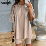 Sampic Fashion White Khaki Sexy Women Summer O Neck Short Sleeve Shirt Tops And Bodycon Shorts Bottom Suit Two Piece Sets Outfit