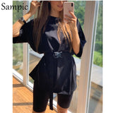 Sampic Fashion White Khaki Sexy Women Summer O Neck Short Sleeve Shirt Tops And Bodycon Shorts Bottom Suit Two Piece Sets Outfit