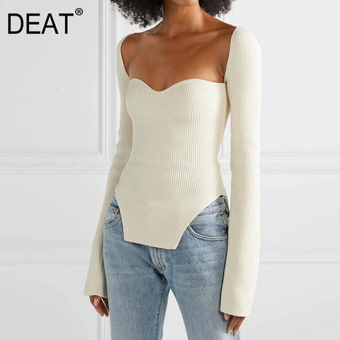 DEAT 2020 new spring and summer fashion women clothes cashmere sqaure collar full sleeves elastic high waist sexy pullover WK080