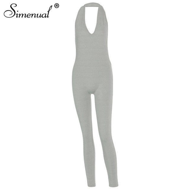 Simenual Solid Bodycon Halter Women Long Jumpsuits Skinny Backless Sleeveless Workout Overalls Sportswear Fashion Basic Jumpsuit