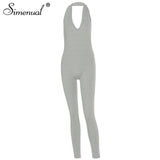 Simenual Solid Bodycon Halter Women Long Jumpsuits Skinny Backless Sleeveless Workout Overalls Sportswear Fashion Basic Jumpsuit