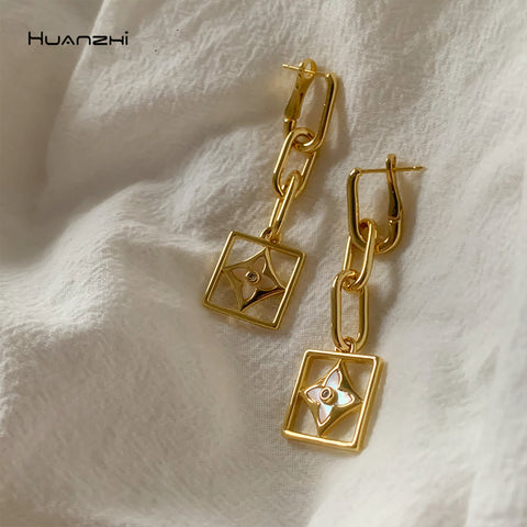 HUANZHI 2020 Metal Floral Statement Drop Earings Geometric chain square shell rhinestones Jewelry Women Punk Rose Gold Earring