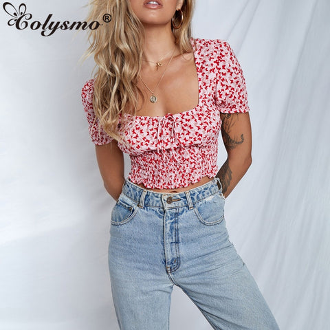 Colysmo Chiffon Print Tops Women Vintage Square Neck Short Puff Sleeve Short Blusas 2020 New Red Casual Summer Blouse Blue