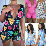 Women Sexy V-Neck Bodycon Bodysuit Casual Printed Button Sleepwear Jumpsuit Print Bodycon Sleepwear Jumpsuit