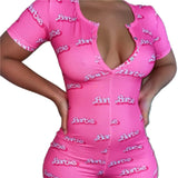 Women Sexy V-Neck Bodycon Bodysuit Casual Printed Button Sleepwear Jumpsuit Print Bodycon Sleepwear Jumpsuit