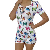 Women Sexy V-Neck Bodycon Bodysuit Casual Printed Button Sleepwear Jumpsuit Print Bodycon Sleepwear Jumpsuit