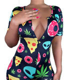 Women Sexy V-Neck Bodycon Bodysuit Casual Printed Button Sleepwear Jumpsuit Print Bodycon Sleepwear Jumpsuit